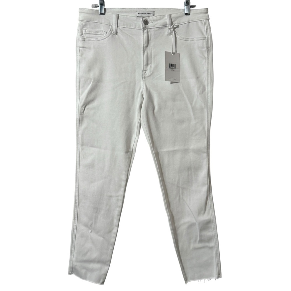 NWT Flying Monkey Cropped Mid Rise Skinny Jeans Distressed Raw Hem White Denim